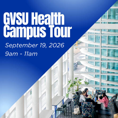 GVSU Health Campus Tour Flyer features a photo of students studying in the DeVos Center for Interdisciplinary Health building.
